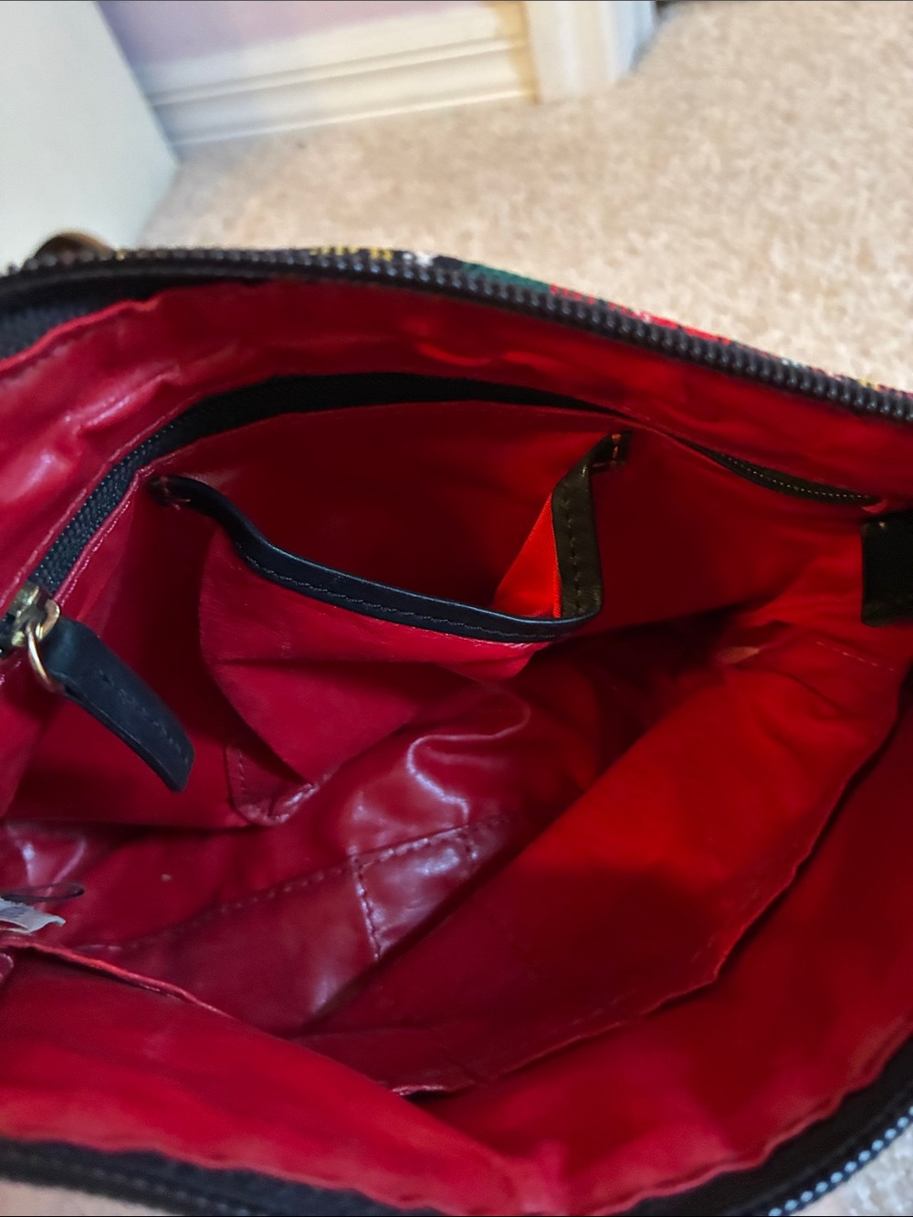 Dooney & Bourke Red Plaid Tartan Crossbody Bag Black Trim brown suede - Picture 8 of 11
